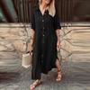 Women Fashion Casual Cotton Linen Dress Solid Color Long Sleeve Long Dress