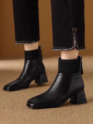 Модные ботильоны для женщин на каблуке, кожаные с вязаными вставками, офисные ботильоны, удобные и элегантные, готические, Y2k, шикарные осенние, женские короткие ботинки