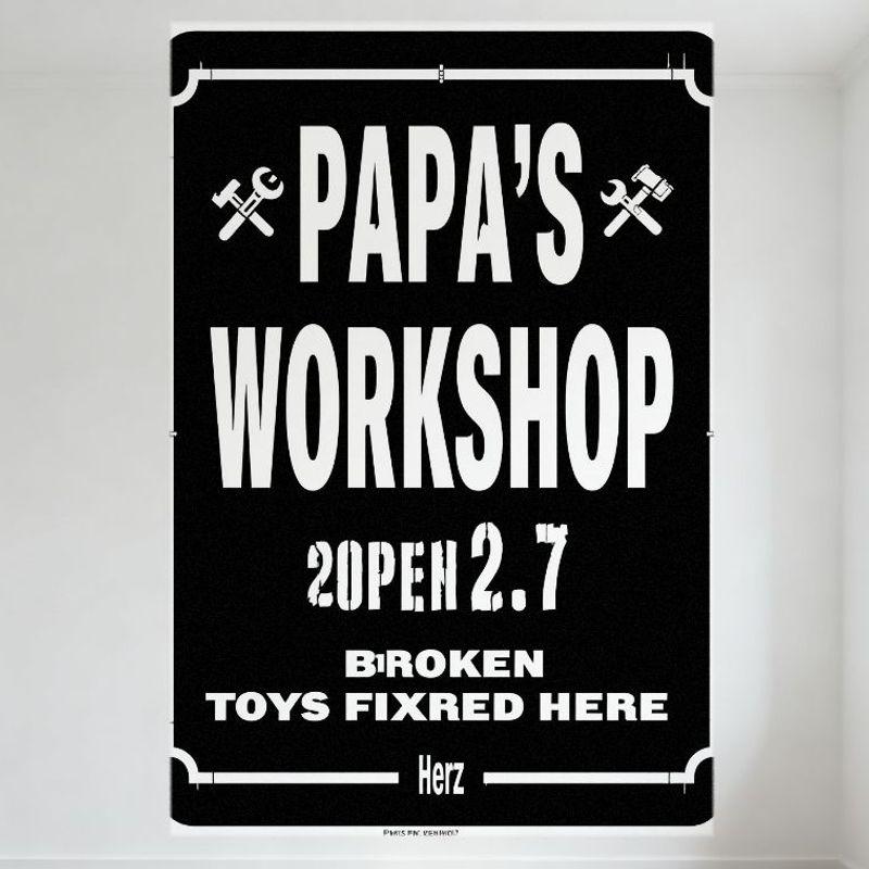 Vintage Papa's Workshop Metal Tin Sign with Wrench & Axe Icons, 'OPEN 2.7' & 'BROKEN TOYS FIXED HERE' Text, Home/Bar Man Cave De
