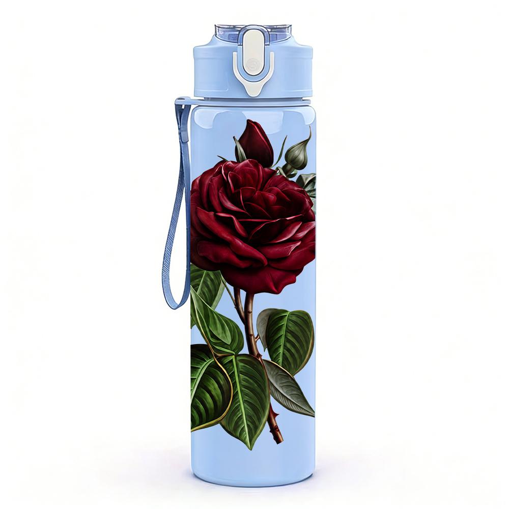 1PC Deep Red Watercolor Rose Graphic,750ml Color Plastic Sports Water Bottle,Leakproof Flip Straw Lid,Suitable for Sports Office Home Use