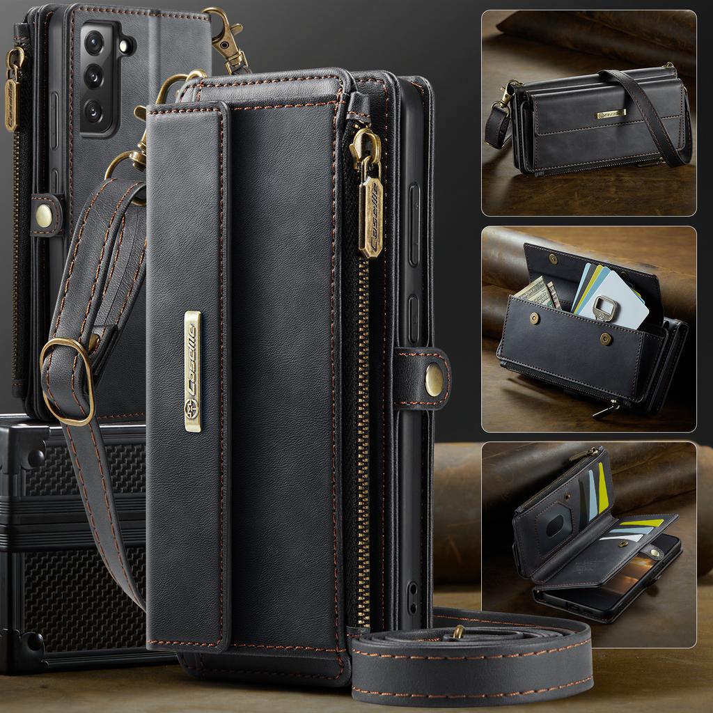 For Samsung Galaxy S22+ 5G Case CASEME C39 RFID Blocking Zipper Wallet Stand Leather Cover with Strap