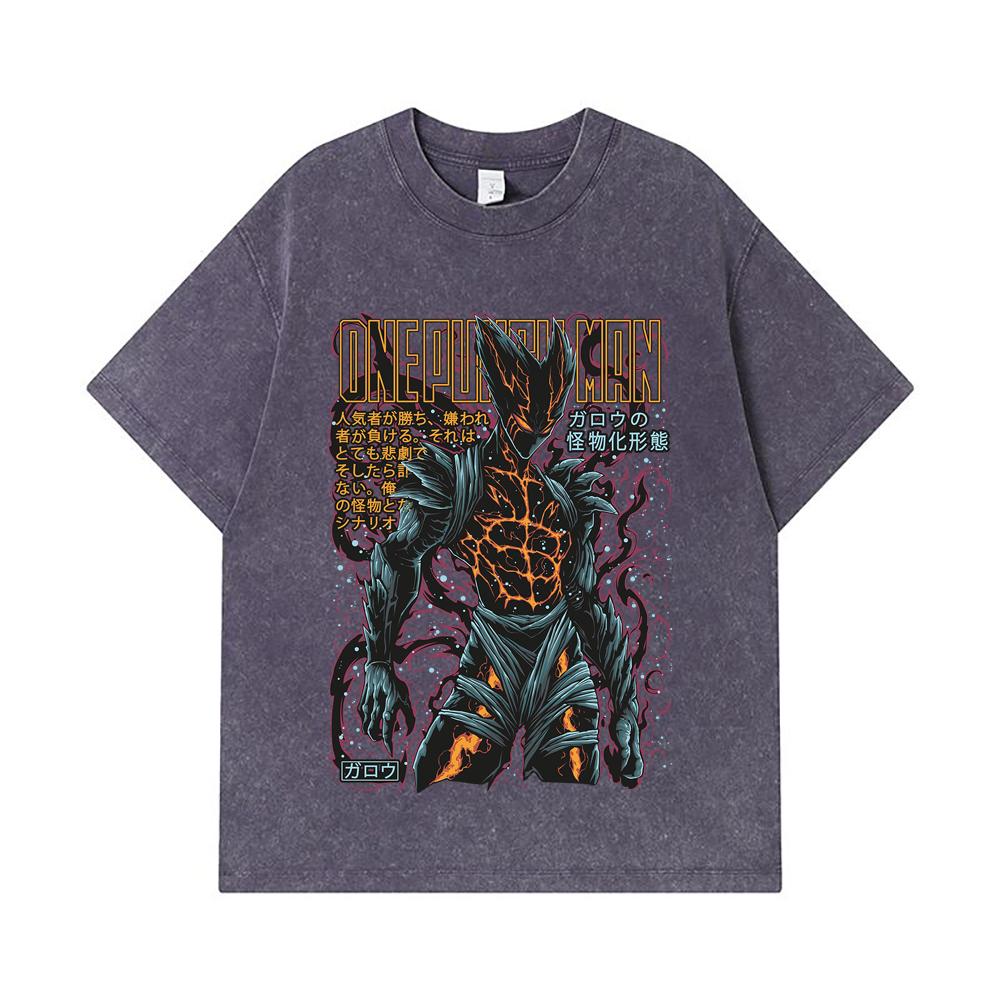 275 GSM Washed T-shirts 100% Cotton One Punch Man V8 Garou Print Unisex Heavy Cotton T Shirt