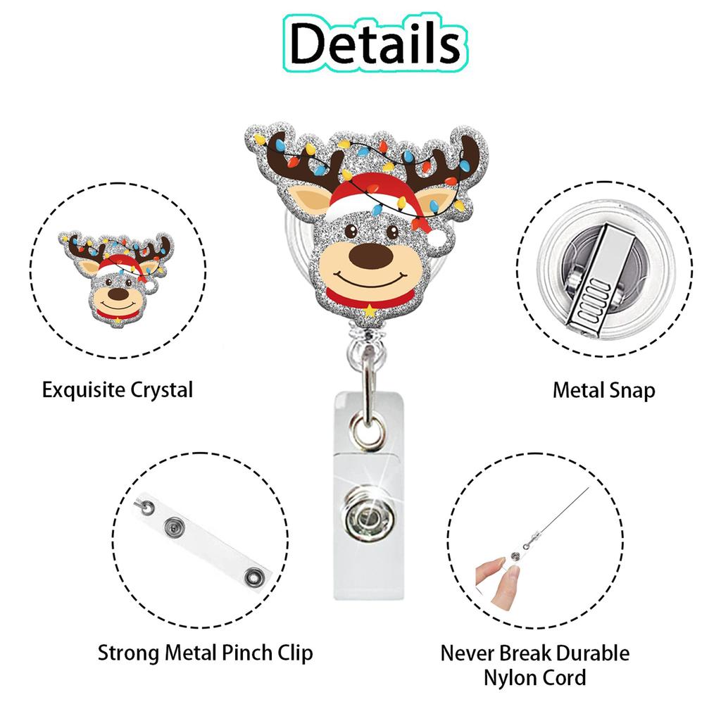 Retractable Id Badge Reel Convenient Christmas Badge Holder Glitter Acrylic Badge Clip Personalized For Doctors Teachers Schools