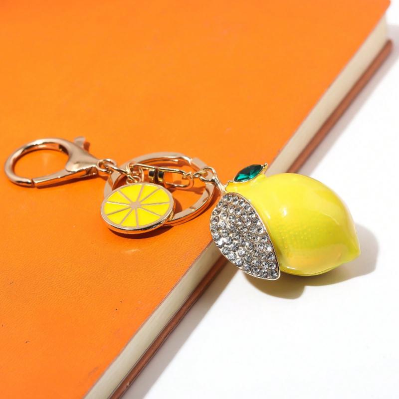 1pc Cute Rhinestone Lemon Shaped Keychain Colorful Fruit Metal Lemon Slice Key Chain Accessory Gift For Mom Friends Lightweight Luxury Accessory