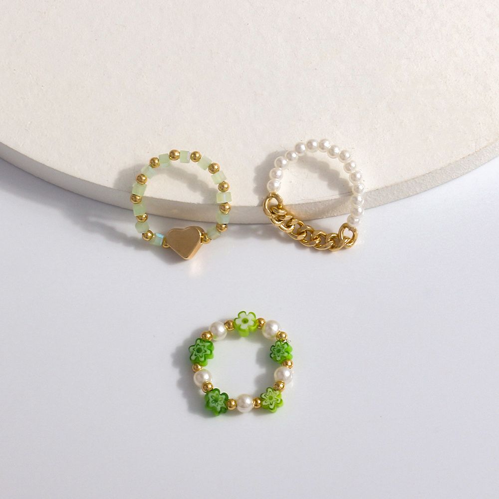 Cute Elastic Pearl Bohemia Love Heart Flower Party Jewelry Women Ring Finger Ring Set Beaded Rings
