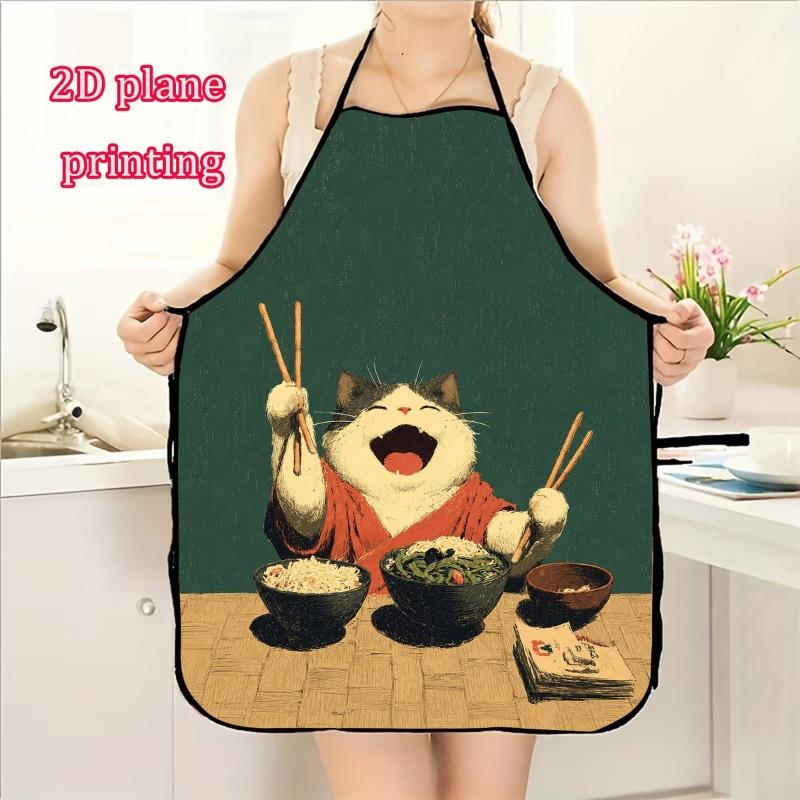 1pc Two-Dimensional Printed Apron - A Fun Two-dimensional Printed Kitchen Apron Featuring a Cute Cat Holding Chopsticks, with Vibrant Colors, an Ideal