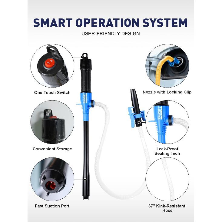 SMART JERRY - Battery Operated Fuel Pump | Electric Oil Transfer Pump For Gasoline, Diesel, Water, Transmission | 3 GPM Hand Pump With Locking Clip