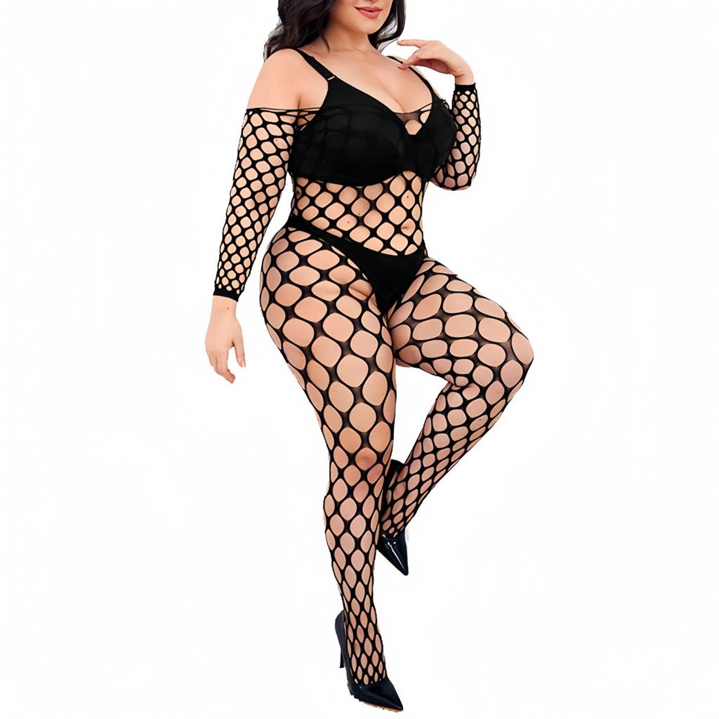 Oversize Women Mesh Hollow Sexy Bodystockings Large Plus Size See Through Erotic Open Crotchless Lingerie Bra Set XXXXL