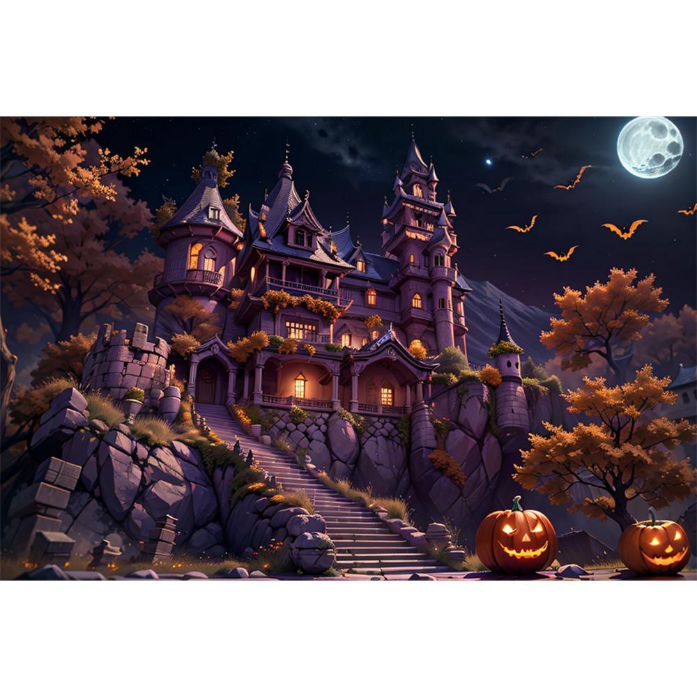 1pc Halloween Party Backdrop Moon Gothic Castle Evil Pumpkin Waterproof Banner for Halloween Themed Party Background Decoration