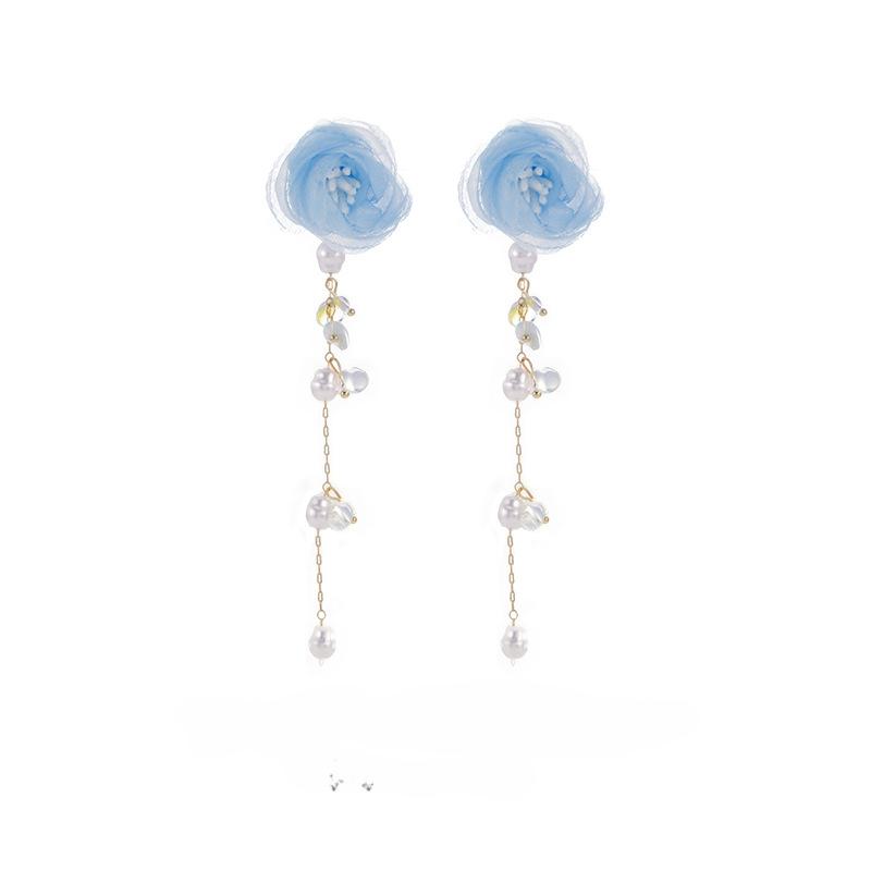 Синий Colth цветок кисточка серьги с имитацией жемчуга катушка от комаров зажим для ушей без пирсинга для женщин