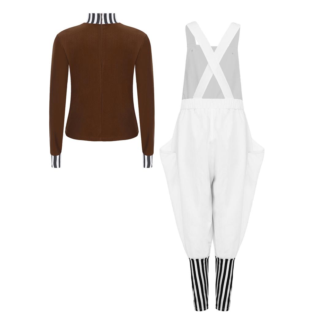 Complete Kids Boys Factory Worker Costume 2Pcs: Mock Neck Top with Back Zipper & Adjustable Cross Back Strap Striped Overalls