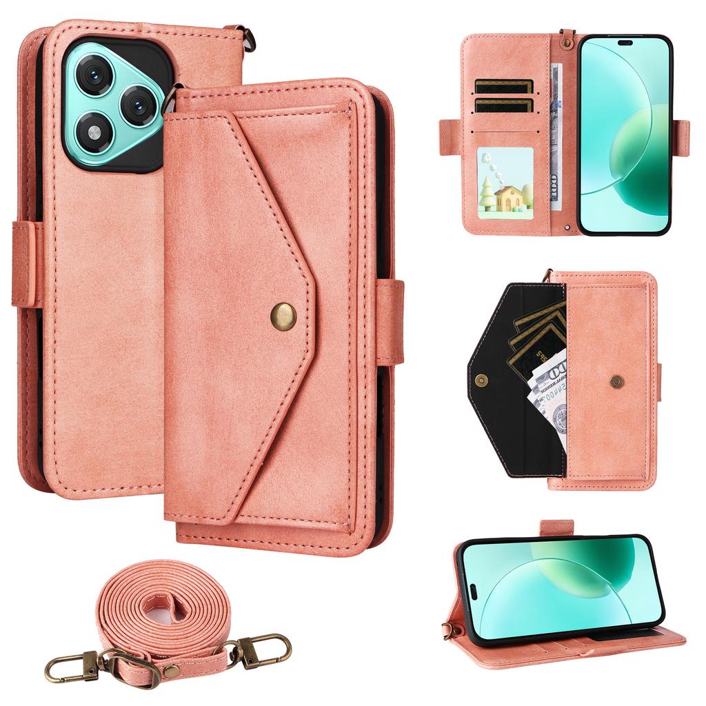 For Honor 400 Lite 5G Leather Case Magnetic Closure Wallet Stand Phone Cover with Crossbody Strap