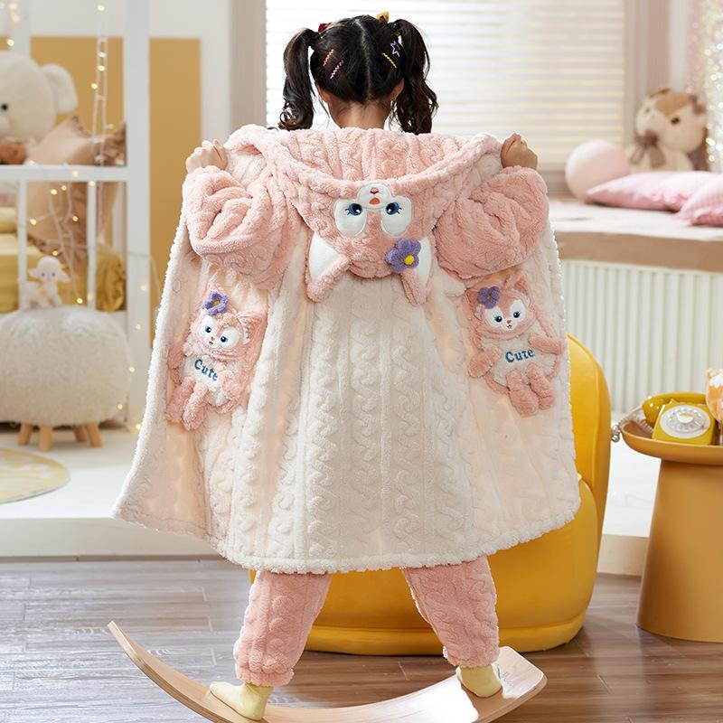 Kids Flannel Pajamas Set Boys Girls Warm Long Sleeve Top And Pants Sleepwear Winter Home Nightwear