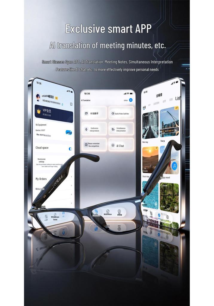 European & American Design AI Translation Smart Bluetooth Music Glasses – Magnetic Charge, Waterproof, High-Quality Texture.