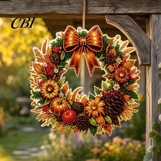 Unique Festive Hanging Decor Fall Pumpkin Sunflower Wreath Decor, Acrylic Hand Painted Holiday Decoration Window Ornament, Thanksgiving Halloween