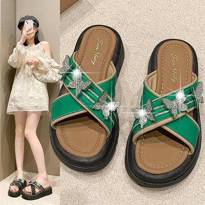 Летние женские тапочки, тапочки на толстой подошве от интернет-знаменитостей, тапочки с перекрестными ремешками и стразами в виде банта