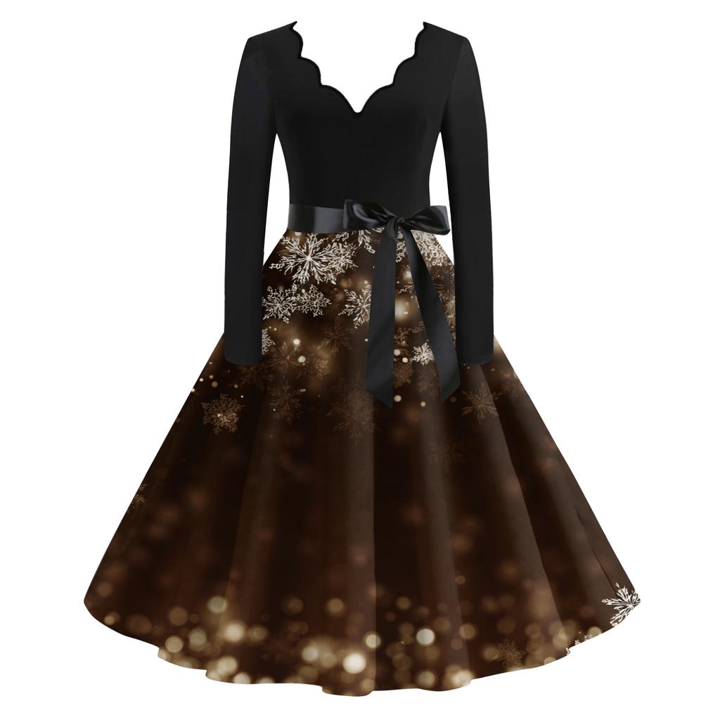 Women's Casual Fashion V-neck Long Sleeved Retro Christmas Print Retro Dress