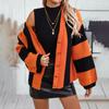 2024 Autumn And Winter New European And American Knitted Sweater With Striped Contrasting Loose Flared Sleeves, Knitted Cardigan For Women