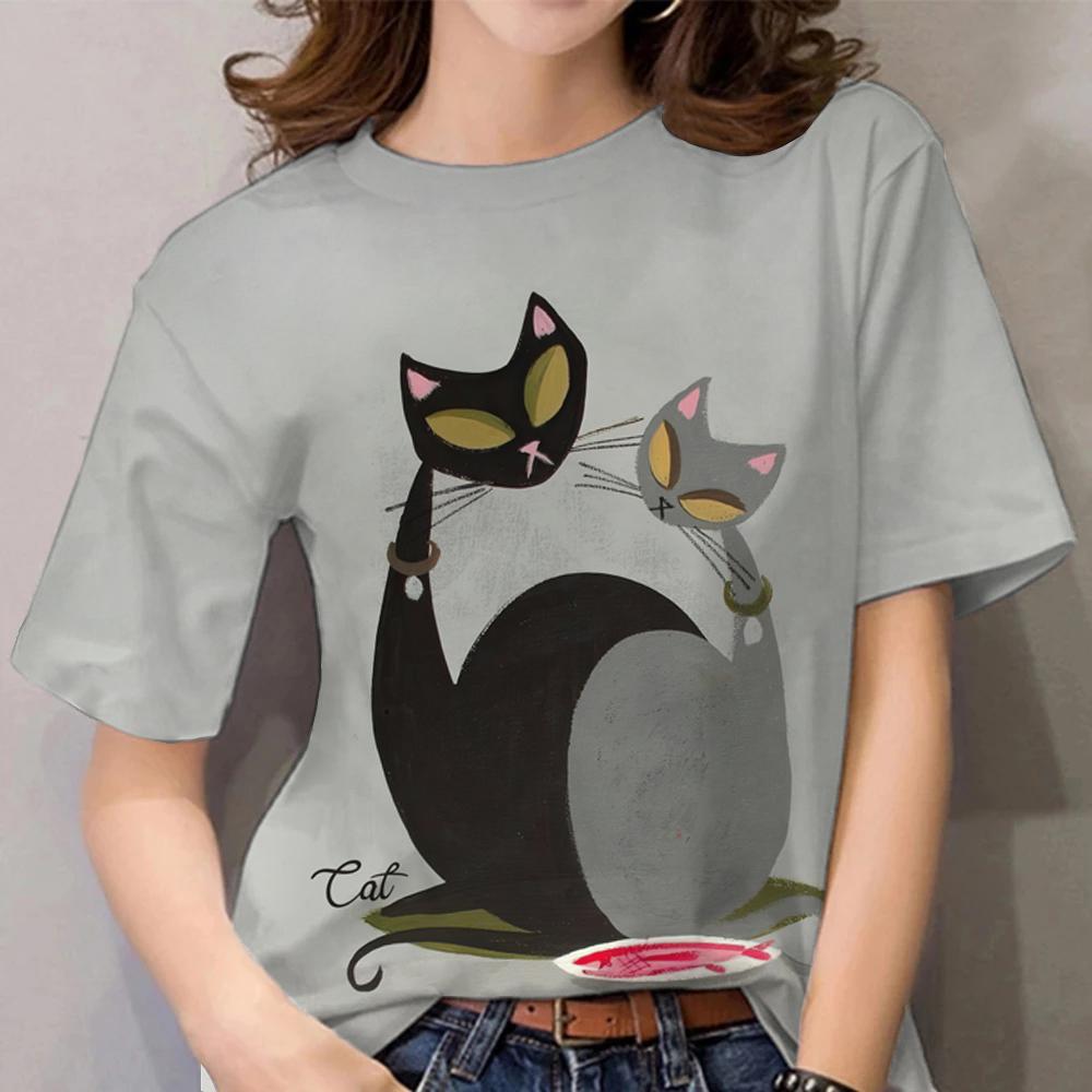 Женская футболка с героями мультфильмов, повседневная одежда с короткими рукавами, топы с кошачьим узором и 3d принтом, футболки, летний пуловер большого размера с круглым вырезом
