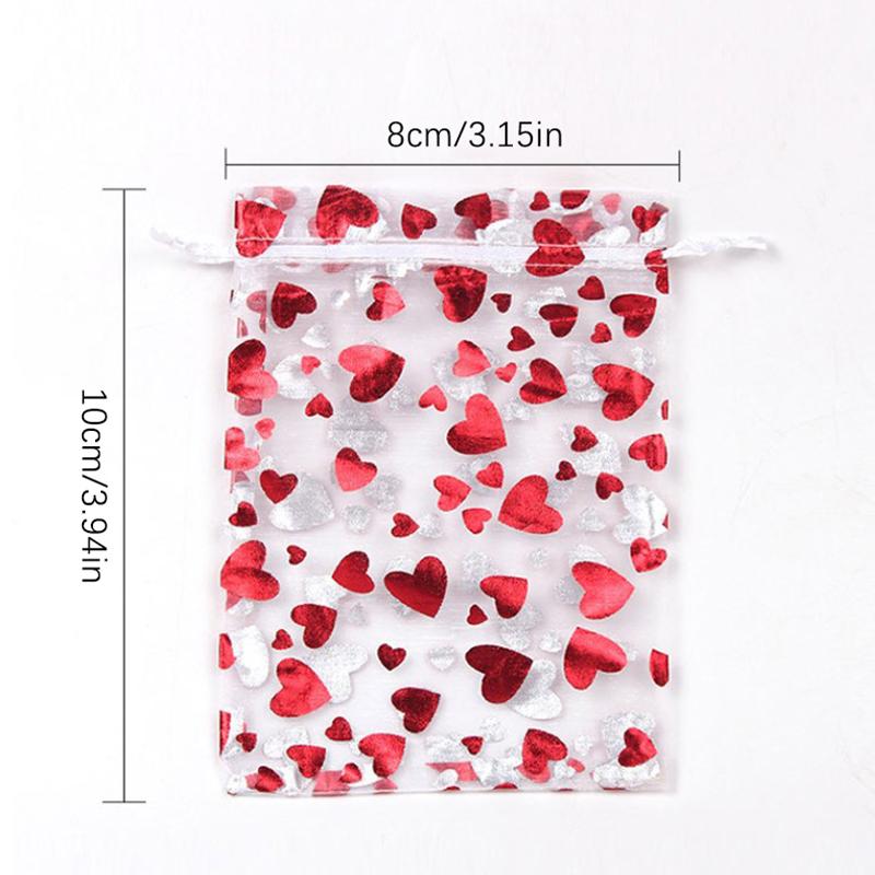 10Pcs Fashionable Red Love Heart Organza Bags Wedding Party Gift Drawstring Bag For Candy,chocolate,small Jewelry And Snacks