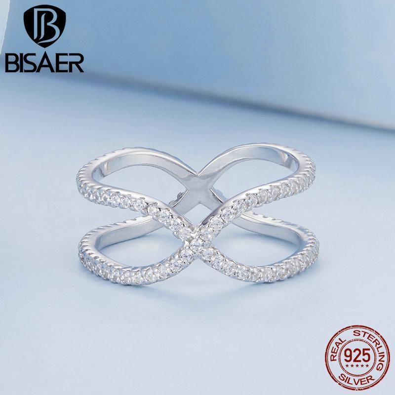 Bisaer Двухслойное кольцо на палец из стерлингового серебра 925 пробы с геометрическим узором для женщин, ювелирные украшения с фианитами в оправе из камня
