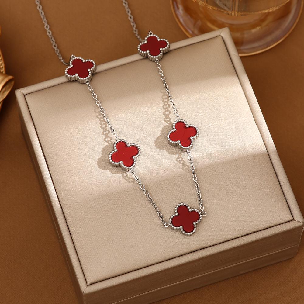 Ожерелье из титановой стали с четырехлистным клевером и перламутром, двухстороннее, гальваническое покрытие из настоящего золота 18 карат, не выцветающая модная цепочка на ключицу для женщин