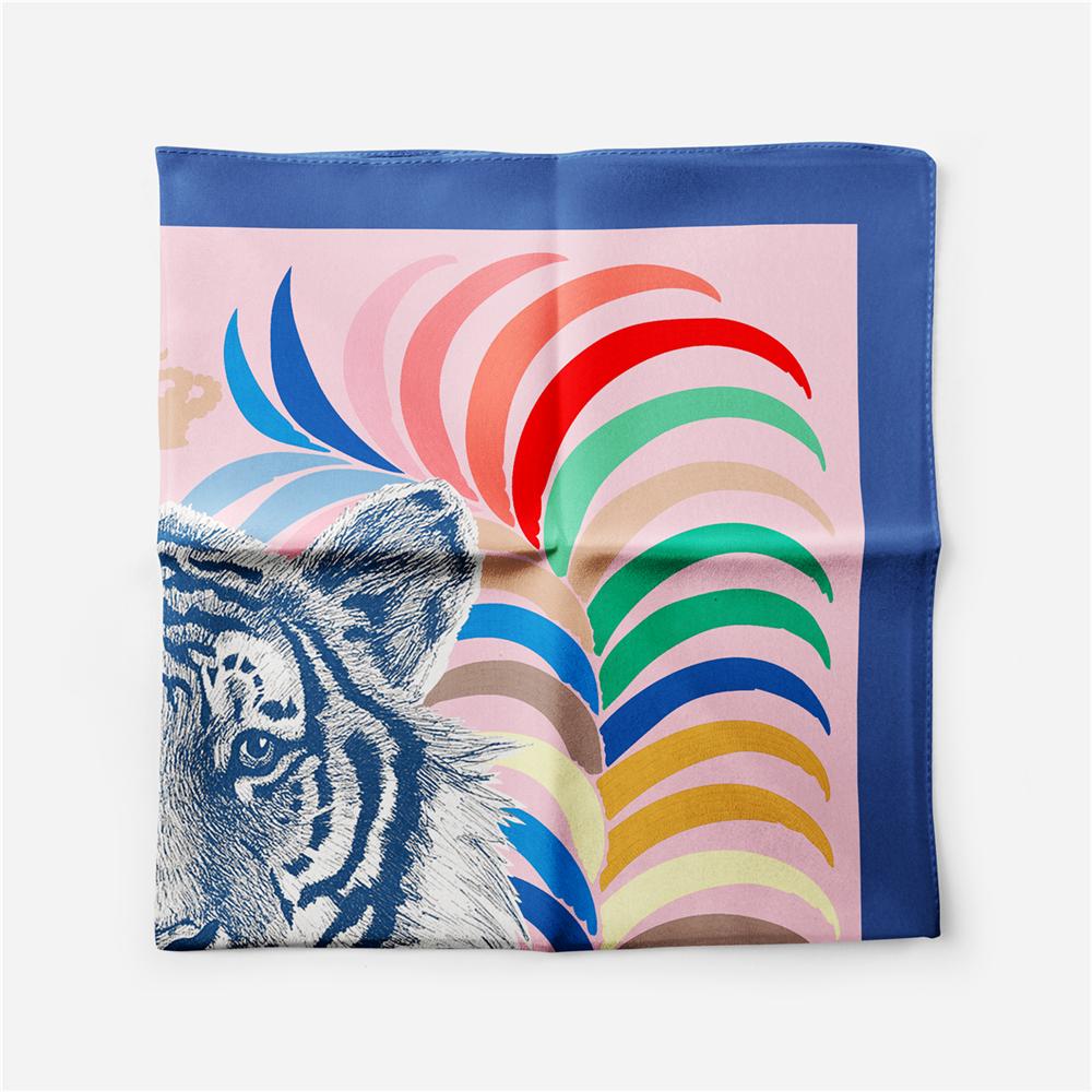 Twill Silk Scarf Women Indian Tiger Print Square Scarves Wraps Bandana Small Hijabs Silk Foulards Tie Headband Neckerchief 53CM