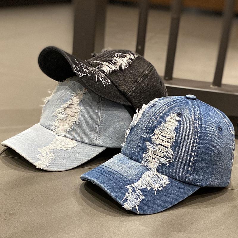 Korean-style sun-protective washed denim ripped baseball cap for women, suitable for spring and autumn, outdoor sunshade street fashion cap