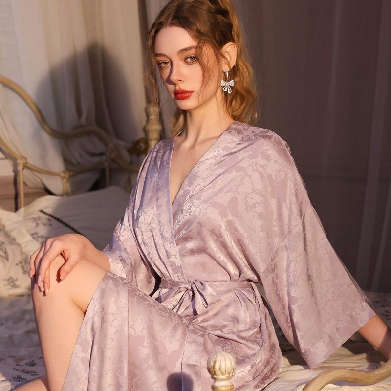 nightgown women's summer ice silk thin satin jacquard long retro sexy high-end spring and autumn bathrobe robe