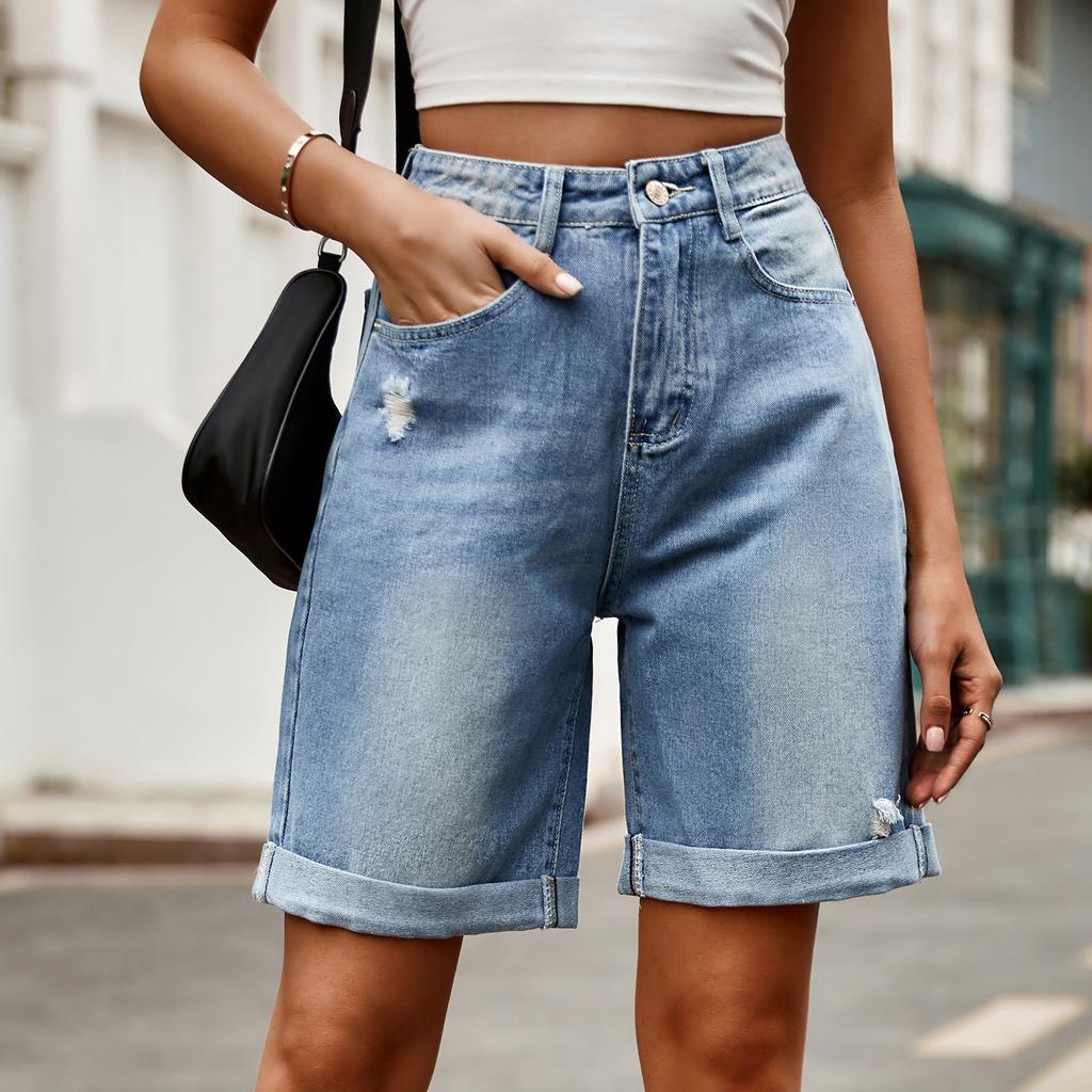 Summer Women's Denim Shorts Ripped Crimped Five-point Denim Shorts Casual Pants
