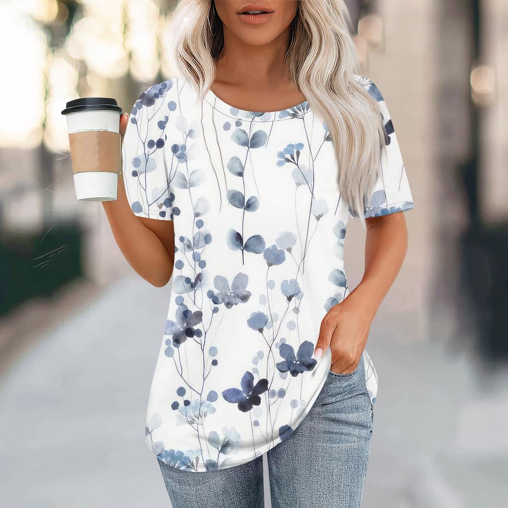 T Shirts For Women Pleated Round Neck Dressy Casual Blouses Printing Short Sleeve Summer Tops Loose Fit