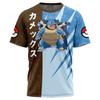 Men's Split Color Anime Sports T-Shirt, Pokemon Blastoise Water Type Full Sublimation Print Short Sleeve Otaku Top