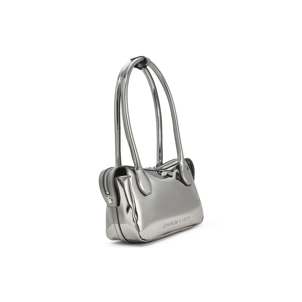 Charles & Keith Zipper Long Handle Bowling Bag Small Square Bag PU Shoulder Bag Medium Women bags Tin-Gray Black CK2-30271278