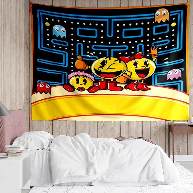 Pac-Man Print Tapestry, Backdrop, Easy Setup, Ideal for Bedroom, Office & Living Room, with Aesthetic Wall Hanging Decor.