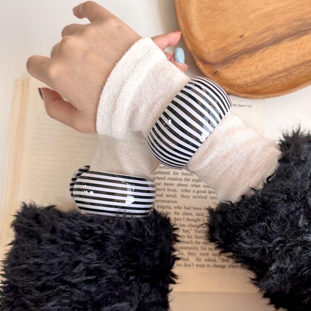 Wide Thick Striped Bracelet Black-and-White Retro Cuff Bangle Women's Jewelry