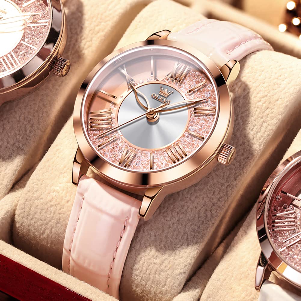 OLEVS Women's Quartz Watch Sparkling Diamond Quicksand Dial Rose Gold Case Pink Leather Band 22cm Waterproof Gift