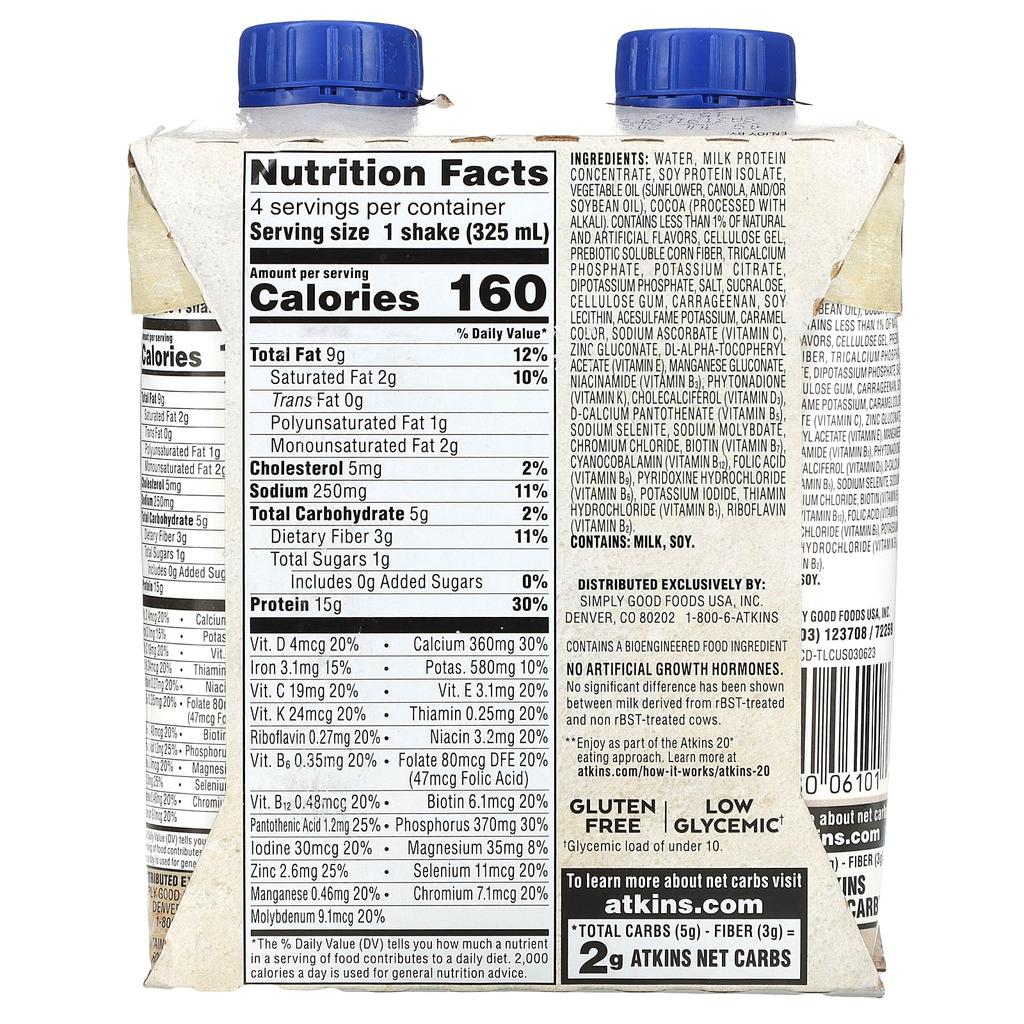 Atkins Protein Rich Shake, Milk Chocolate Delight, 4 Shakes, 11 Fl Oz (325 Ml) Each