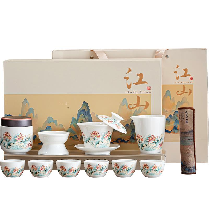 High-grade light luxury Kung Fu tea set, national tide red lotus white porcelain bubble teapot set, travel portable gift box merchandise ordering