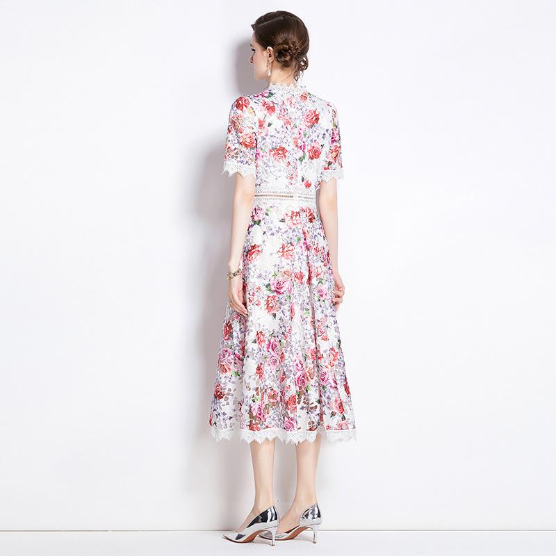 Элегантное кружевное летнее платье с цветочным принтом для женщин, высокое качество, тонкое праздничное платье с короткими рукавами, халаты Femme