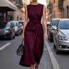 Женское летнее платье макси без рукавов, платье-майка с круглым вырезом и складками, повседневное деловое рабочее платье миди