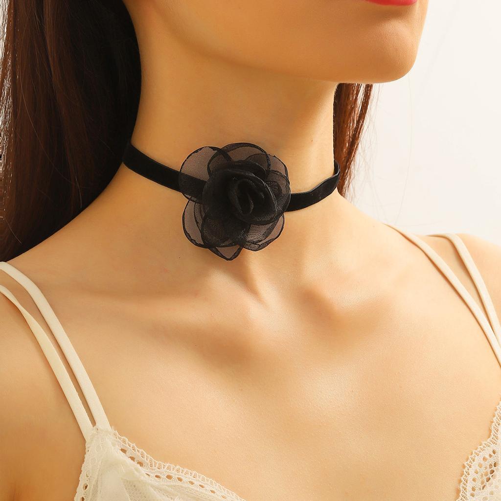Черное колье-чокер с цветком для женщин, красное винтажное ожерелье с камелией, бархатное замшевое ожерелье, свадебное ожерелье-воротник для подружки невесты