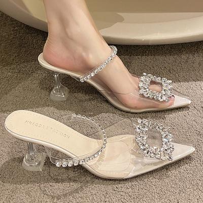 Кристальные женские туфли-мюли на высоком каблуке с острым носком, летние элегантные сандалии, женские туфли-лодочки 2025, дизайнерский бренд Mujer Zapatos