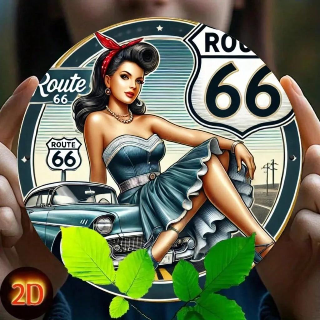 Винтажная Пинап-девушка Route 66 Рустикальное Металлическое Настенное Искусство Круглый Железный Знак Декор для Домашнего Бара