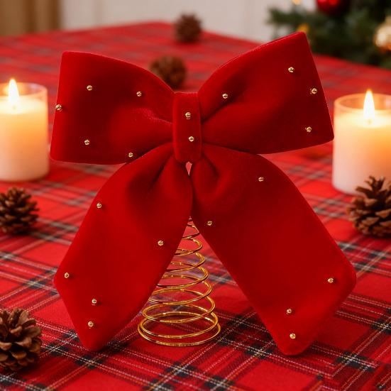 Velvet Christmas Tree Topper Bow Red Plush Bow with Metal Frame Base Festive Holiday Decor for Home Party Display