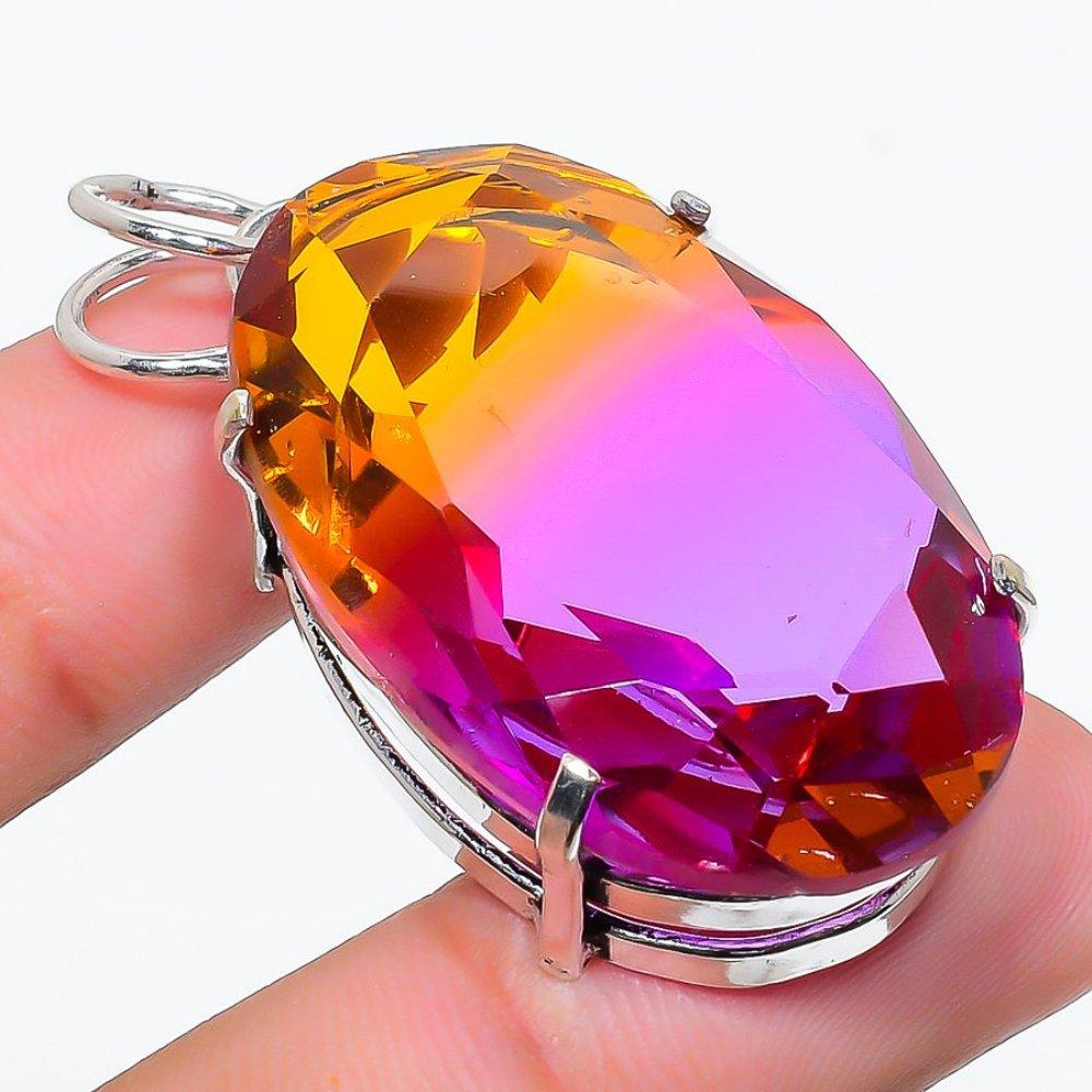 Bi-Color Tourmaline Gemstone Handmade 925 Sterling Silver Pendant 2.01" a0F49