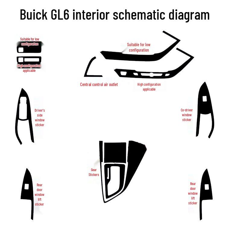 Buick GL6 Interior Carbon Fiber Stickers: Console, Shift Lever, Window Lifter Decor