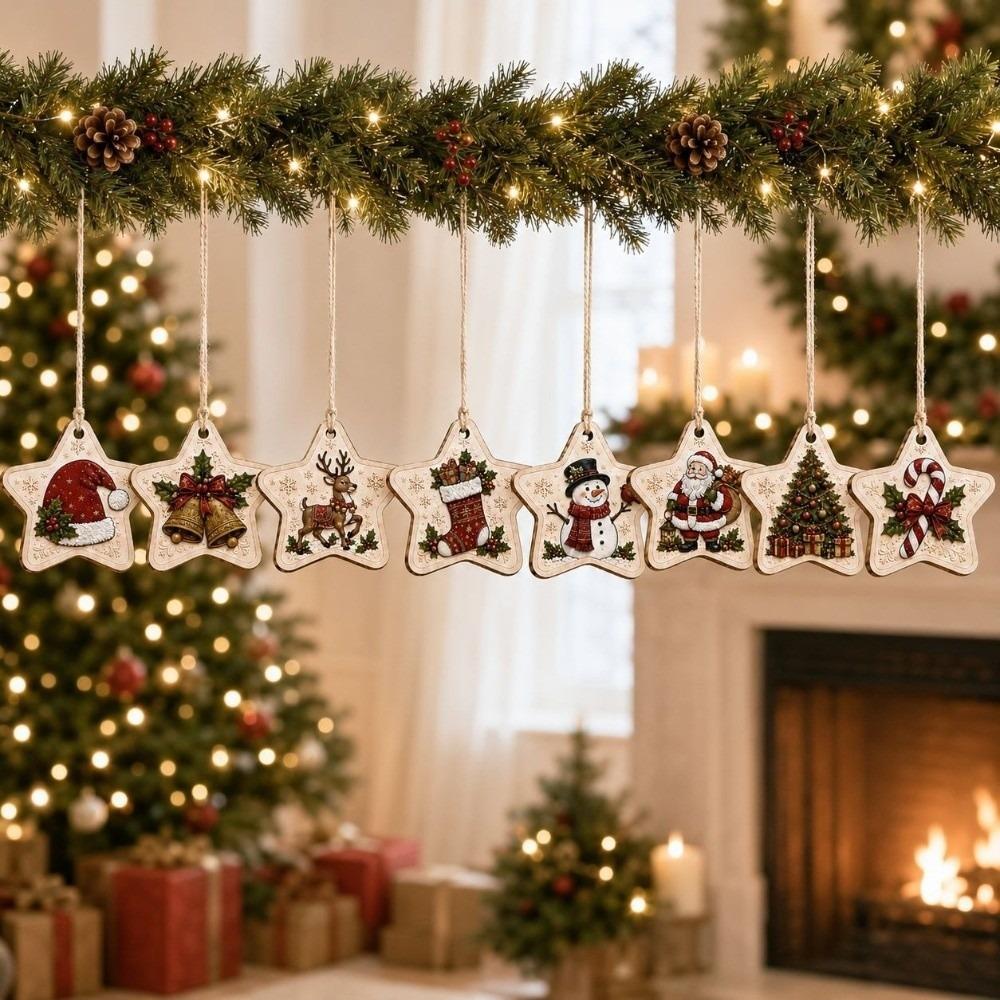 8 pcs 2D Flat Print Christmas Tree Ornaments Wooden Christmas DIY Decoration Party