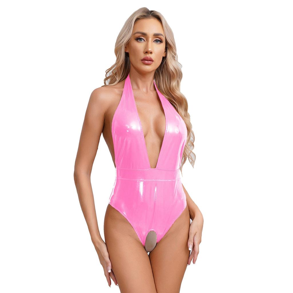 Women's Wetlook Latex Catsuit Patent Leather Bodysuit Sleepwear Pole Dance Nightclub Outfit