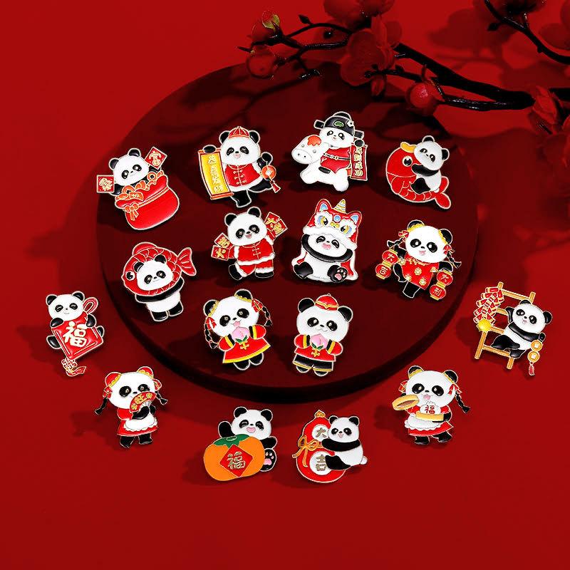 Zinc Alloy Enamel Dropping Brooch, Cute Cartoon Lucky Panda Snake Pattern 2025 Year of the Snake, New Year Festival Decorative Lapel Pin Badge