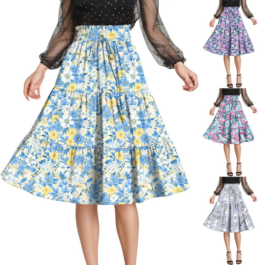 Женская модная юбка свободного покроя с цветочным принтом и эластичным поясом без карманов